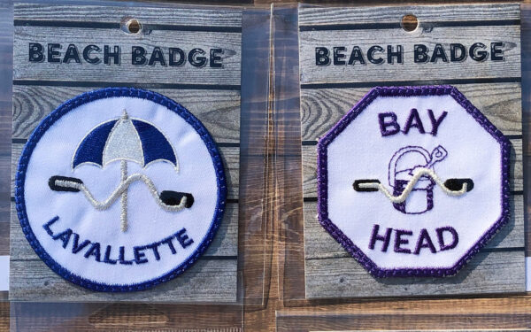 Beach Badge Patches - Lavallette blue circle umbrella - Bay Head purple octagon pail